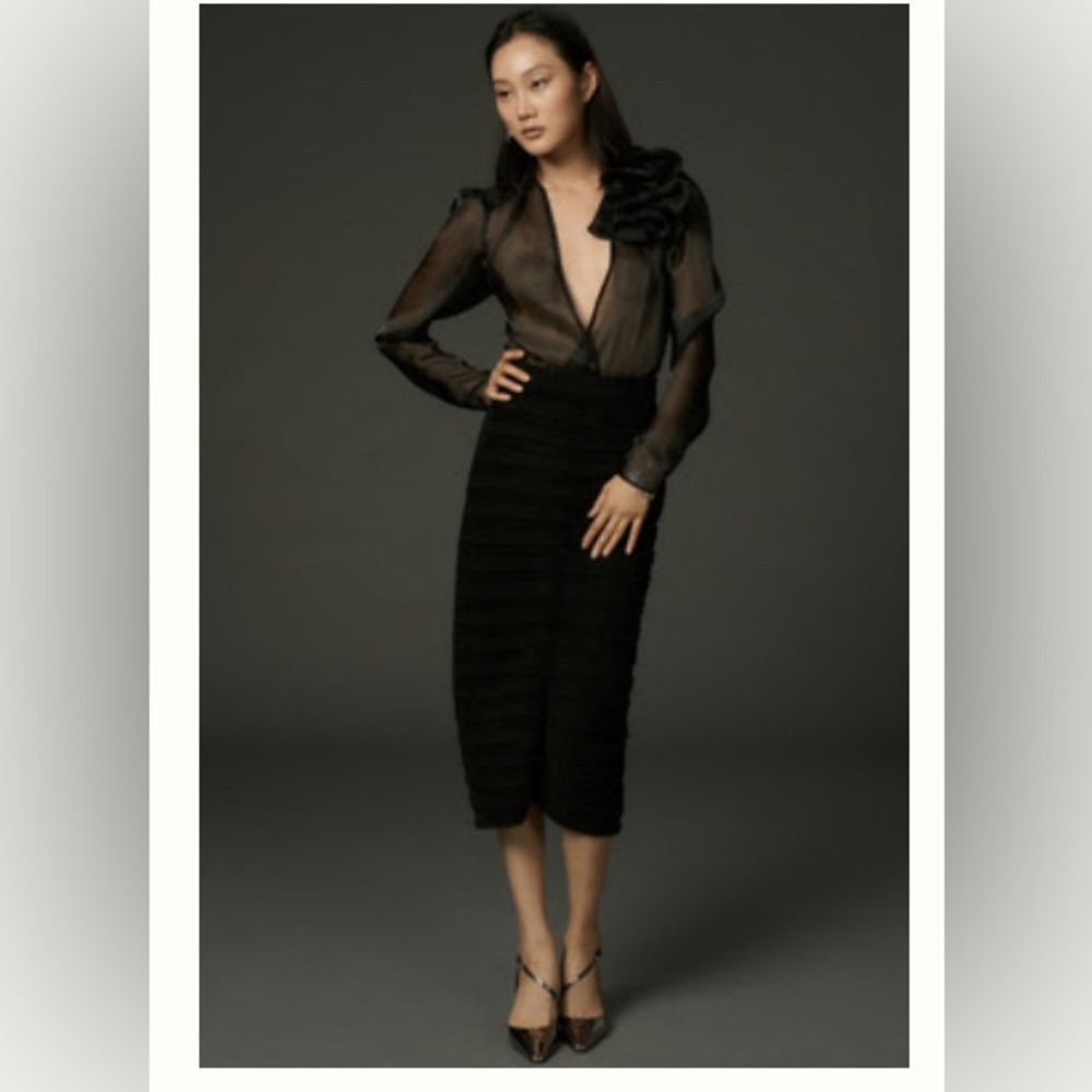 Anthropologie Black Ruched Pencil Midi Skirt